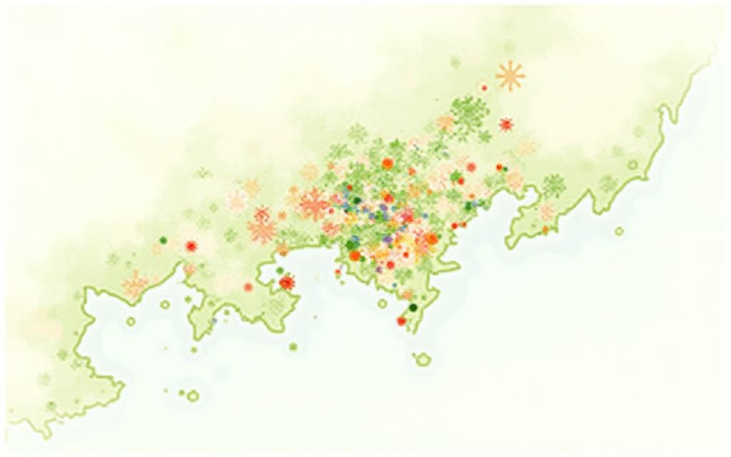 京都の様式化された地図に味のトレンドがプロットされています