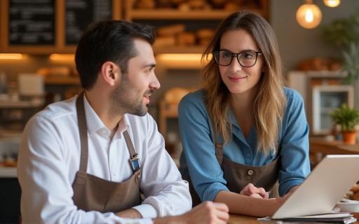 ベーカリーのカウンターで相談する2人の人物